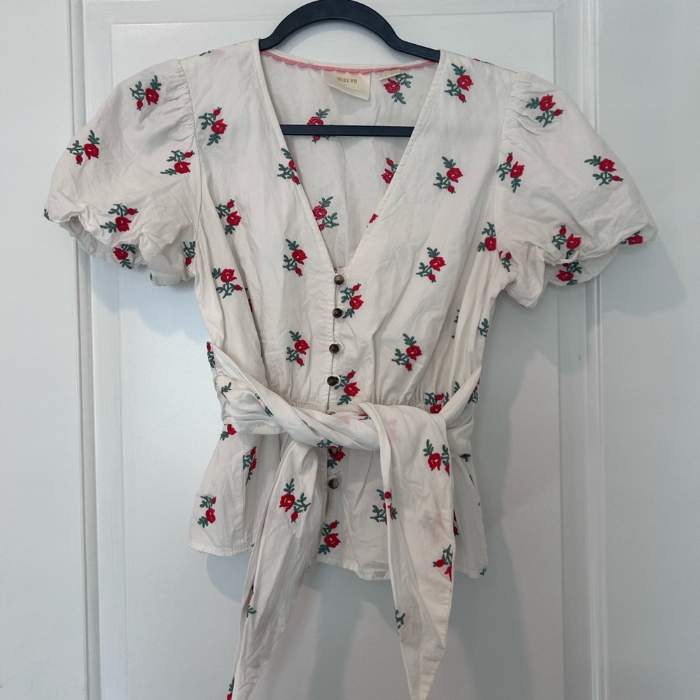 Anthropologie Cream Blouse with Red Floral Pattern